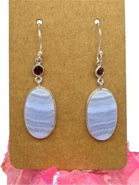 Blue Lace Agate & Garnet Earrings Solid 925 Sterling Silver